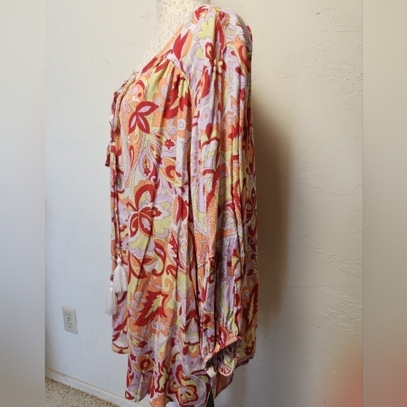 I.N Studio Multi Color BOHO Tassel Tie Neck Line Pull Over Top Size 2X Petite - Picture 3 of 9